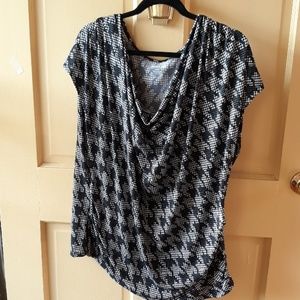 Houndstooth black and white cowl neck blouse